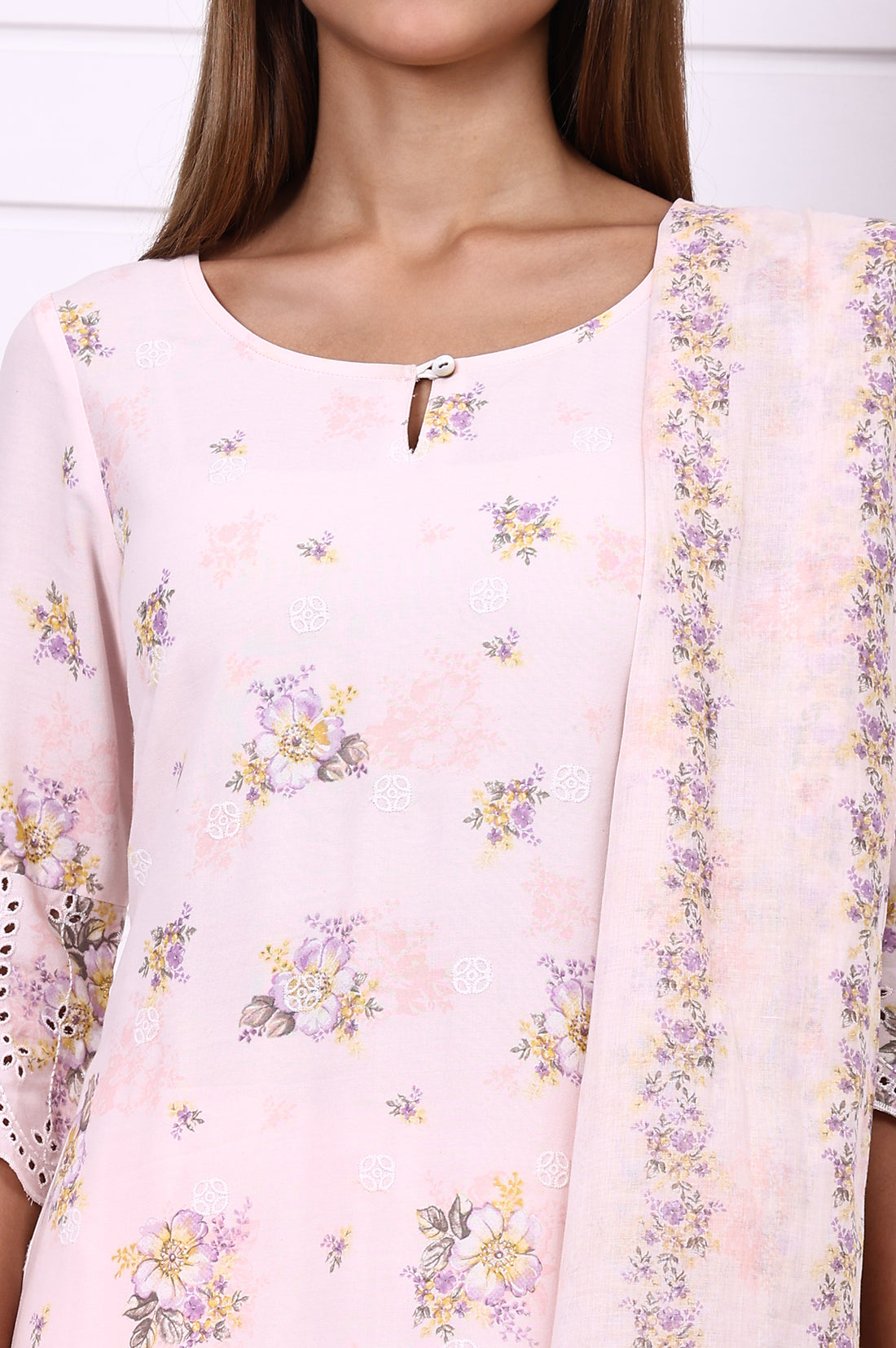 Pink Floral Printed Schiffily Embroidered Liva Straight Kurta, Palazzo and Dupatta Set