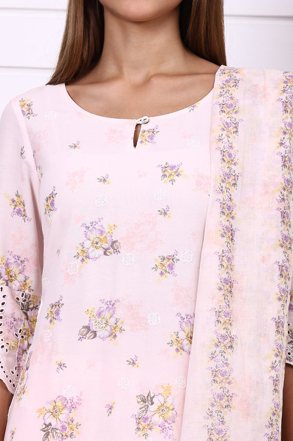 Pink Floral Printed Schiffily Embroidered Liva Straight Kurta, Palazzo and Dupatta Set