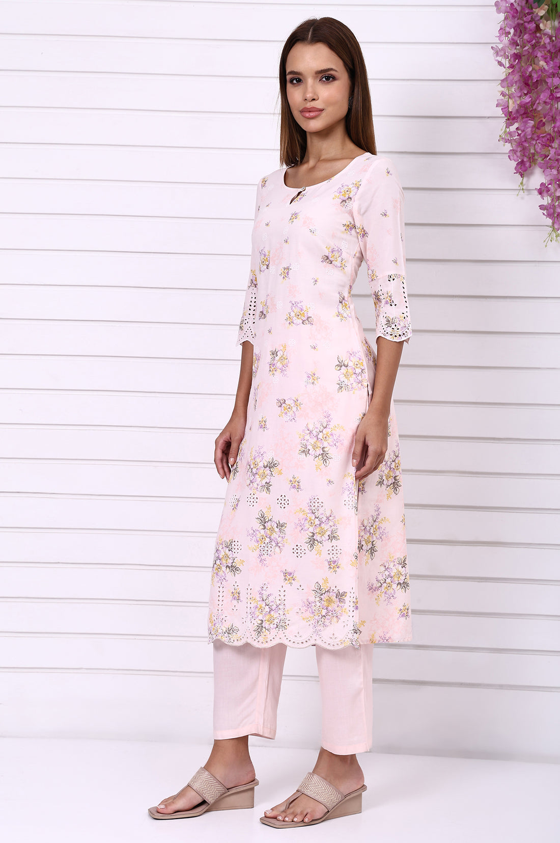 Pink Floral Printed Schiffily Embroidered Liva Straight Kurta, Palazzo and Dupatta Set