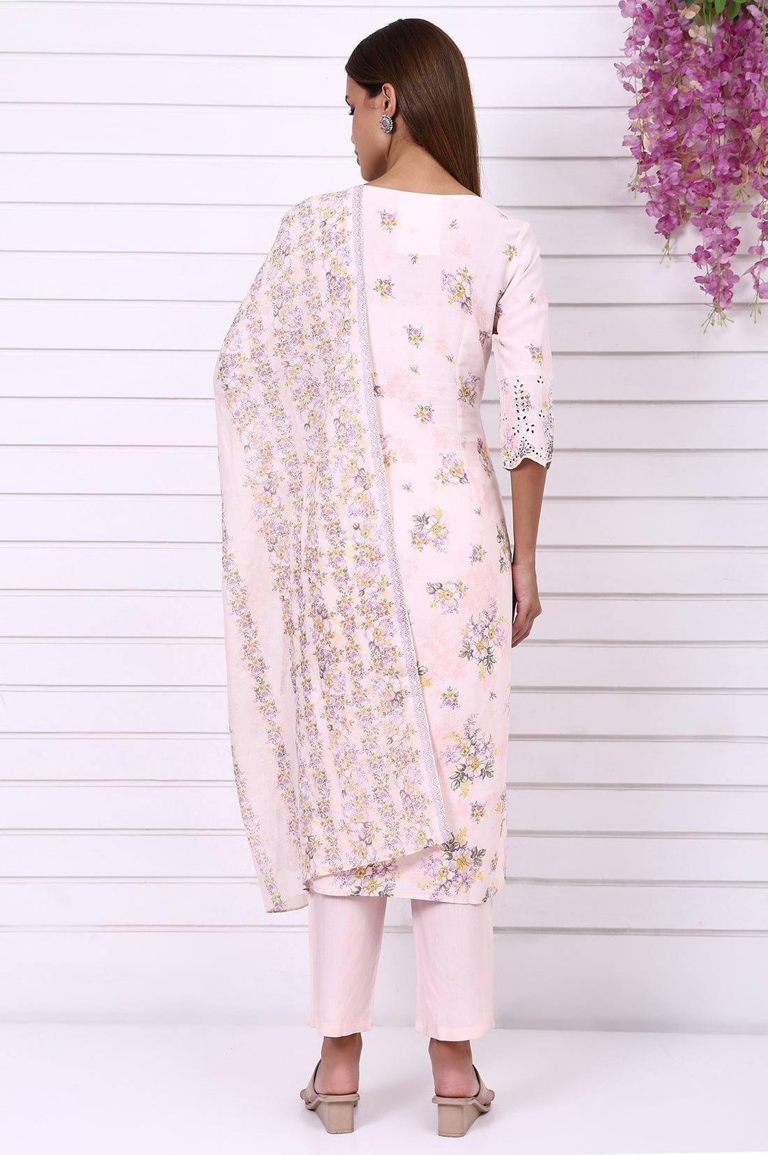 Pink Floral Printed Schiffily Embroidered Liva Straight Kurta, Palazzo and Dupatta Set