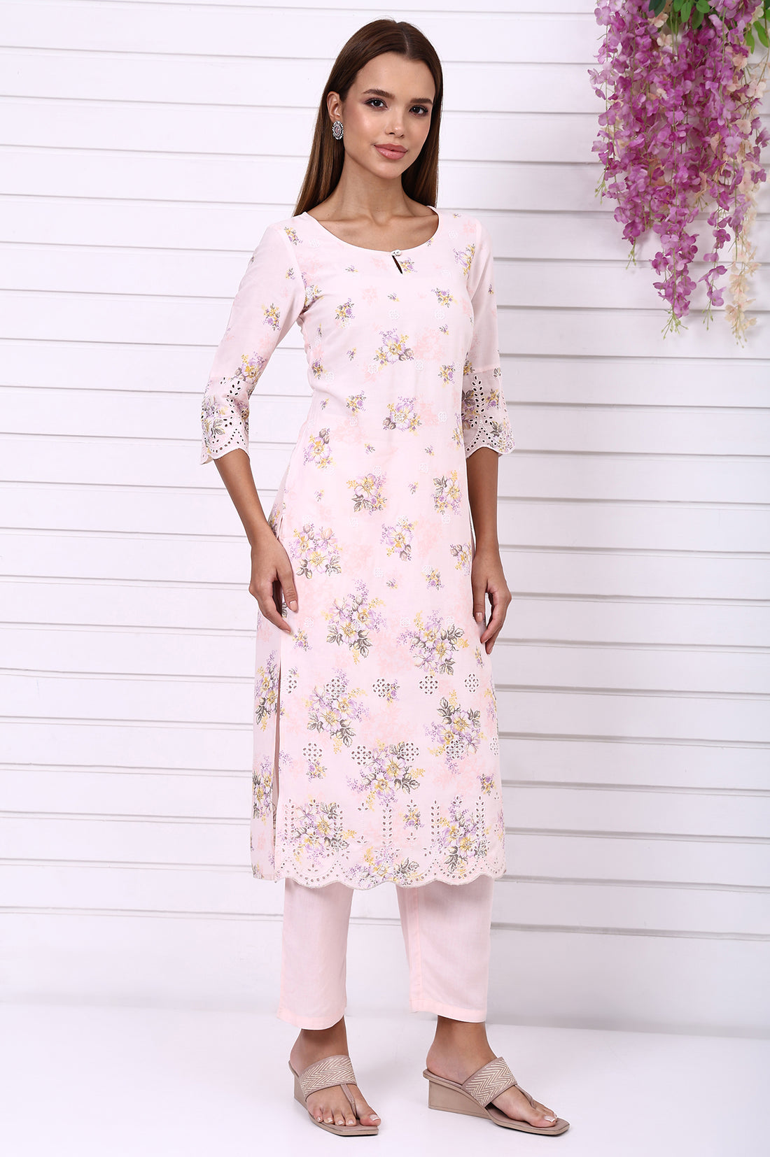 Pink Floral Printed Schiffily Embroidered Liva Straight Kurta, Palazzo and Dupatta Set