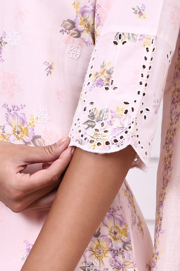 Pink Floral Printed Schiffily Embroidered Liva Straight Kurta, Palazzo and Dupatta Set