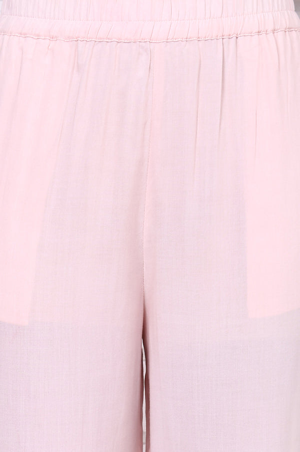 Pink Floral Printed Schiffily Embroidered Liva Straight Kurta, Palazzo and Dupatta Set