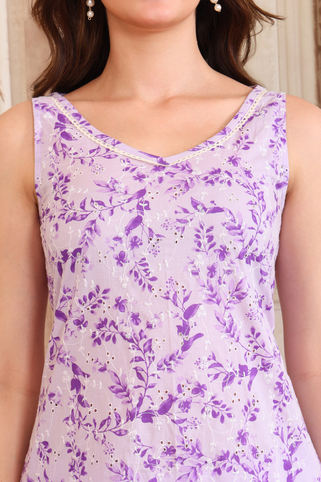 Purple Floral Embroidered Straight Cotton Spaghetti Kurta and Trouser Co-ord Set