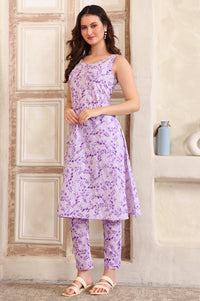 Purple Floral Embroidered Straight Cotton Spaghetti Kurta and Trouser Co-ord Set