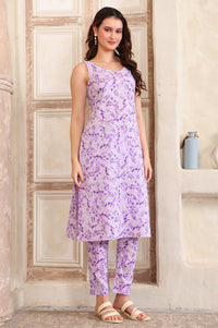 Purple Floral Embroidered Straight Cotton Spaghetti Kurta and Trouser Co-ord Set