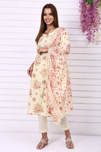 Yellow Floral Printed Shchiffly Embroidered Pure Cotton Flared Kurta, Palazzo and Dupatta Set