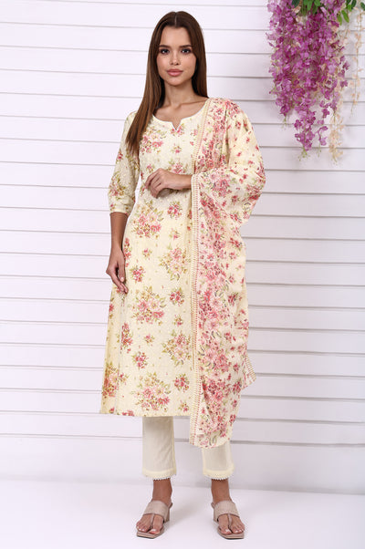 Yellow Floral Printed Shchiffly Embroidered Pure Cotton Flared Kurta, Palazzo and Dupatta Set