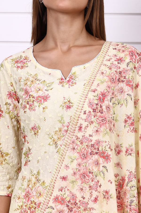 Yellow Floral Printed Shchiffly Embroidered Pure Cotton Flared Kurta, Palazzo and Dupatta Set
