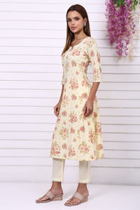 Yellow Floral Printed Shchiffly Embroidered Pure Cotton Flared Kurta, Palazzo and Dupatta Set