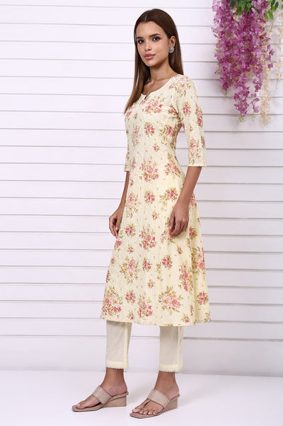 Yellow Floral Printed Shchiffly Embroidered Pure Cotton Flared Kurta, Palazzo and Dupatta Set