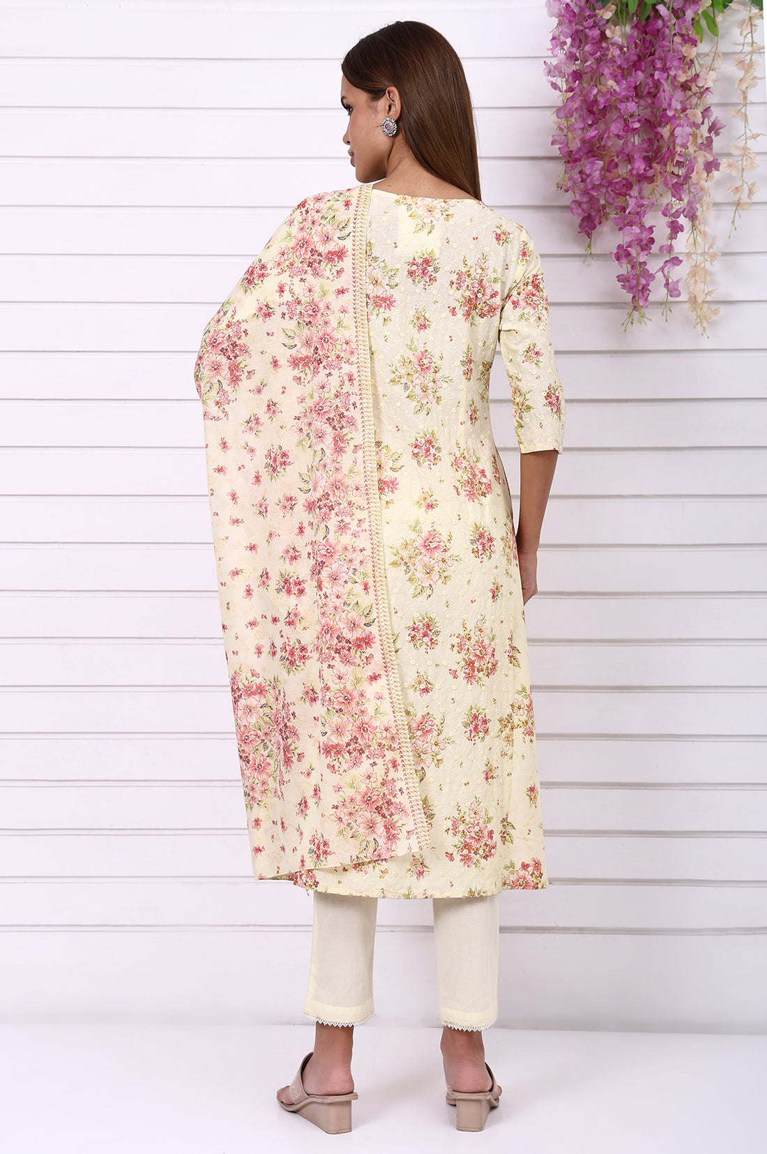 Yellow Floral Printed Shchiffly Embroidered Pure Cotton Flared Kurta, Palazzo and Dupatta Set