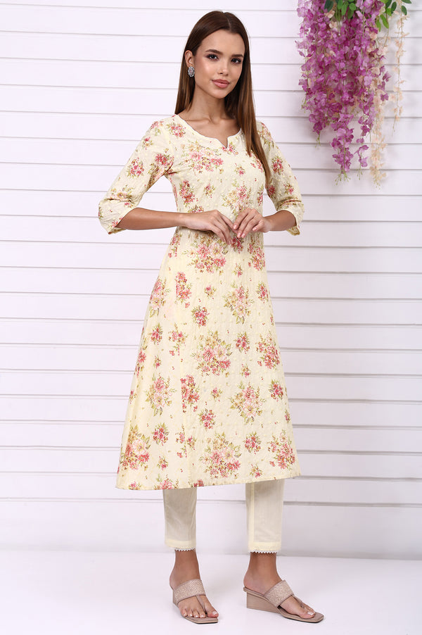 Yellow Floral Printed Shchiffly Embroidered Pure Cotton Flared Kurta, Palazzo and Dupatta Set