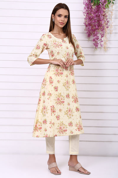 Yellow Floral Printed Shchiffly Embroidered Pure Cotton Flared Kurta, Palazzo and Dupatta Set