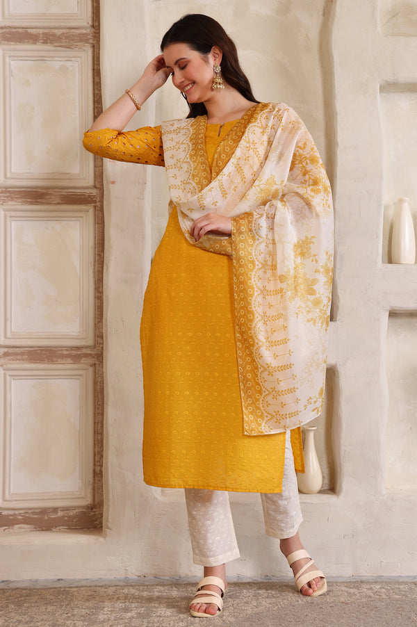 Yellow Embroidered Straight Cotton Kurta, Trouser and Dupatta Set
