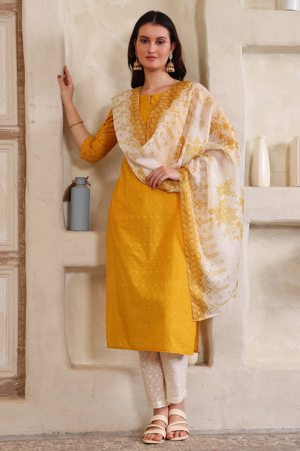 Yellow Embroidered Straight Cotton Kurta, Trouser and Dupatta Set