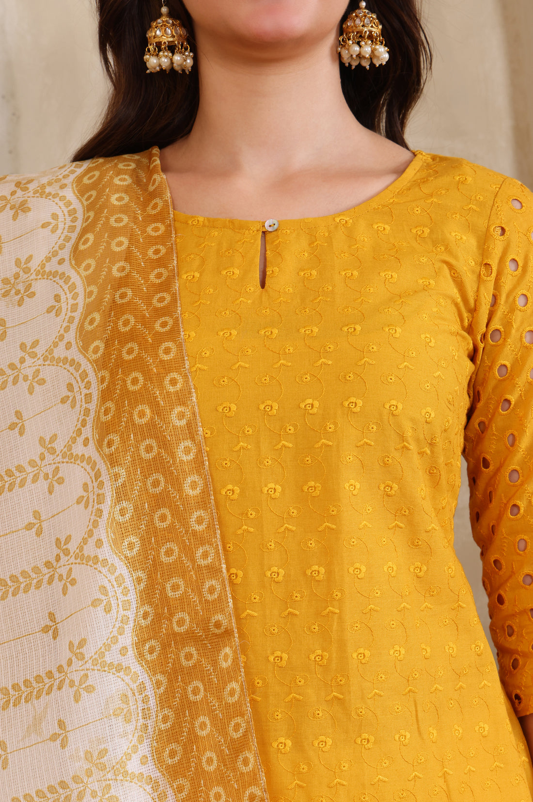 Yellow Embroidered Straight Cotton Kurta, Trouser and Dupatta Set