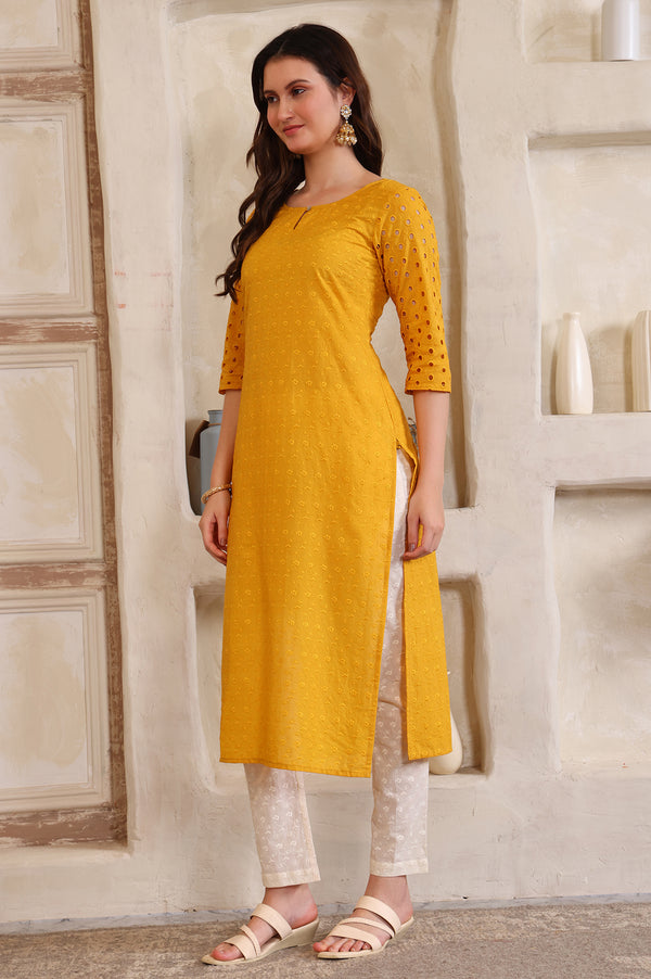 Yellow Embroidered Straight Cotton Kurta, Trouser and Dupatta Set