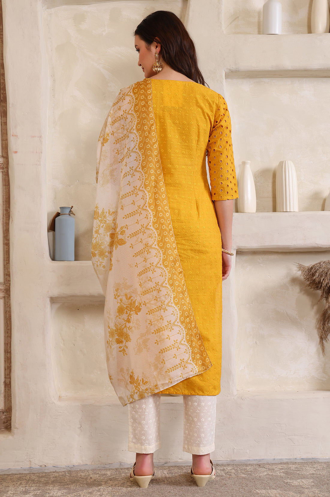 Yellow Embroidered Straight Cotton Kurta, Trouser and Dupatta Set