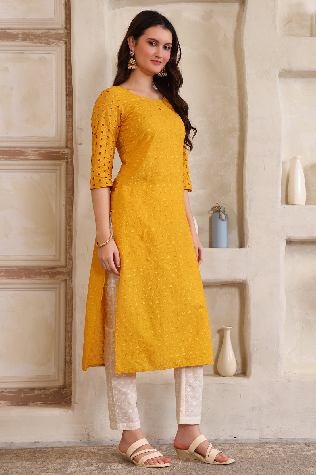 Yellow Embroidered Straight Cotton Kurta, Trouser and Dupatta Set