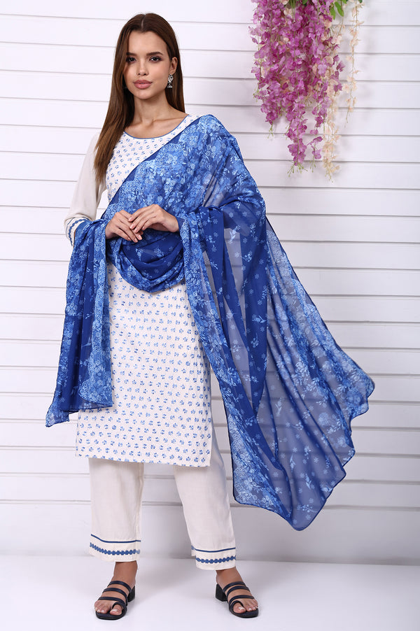 Cream Floral Printed Schiffily Embroidered Liva Straight Kurta, Palazzo and Dupatta Set