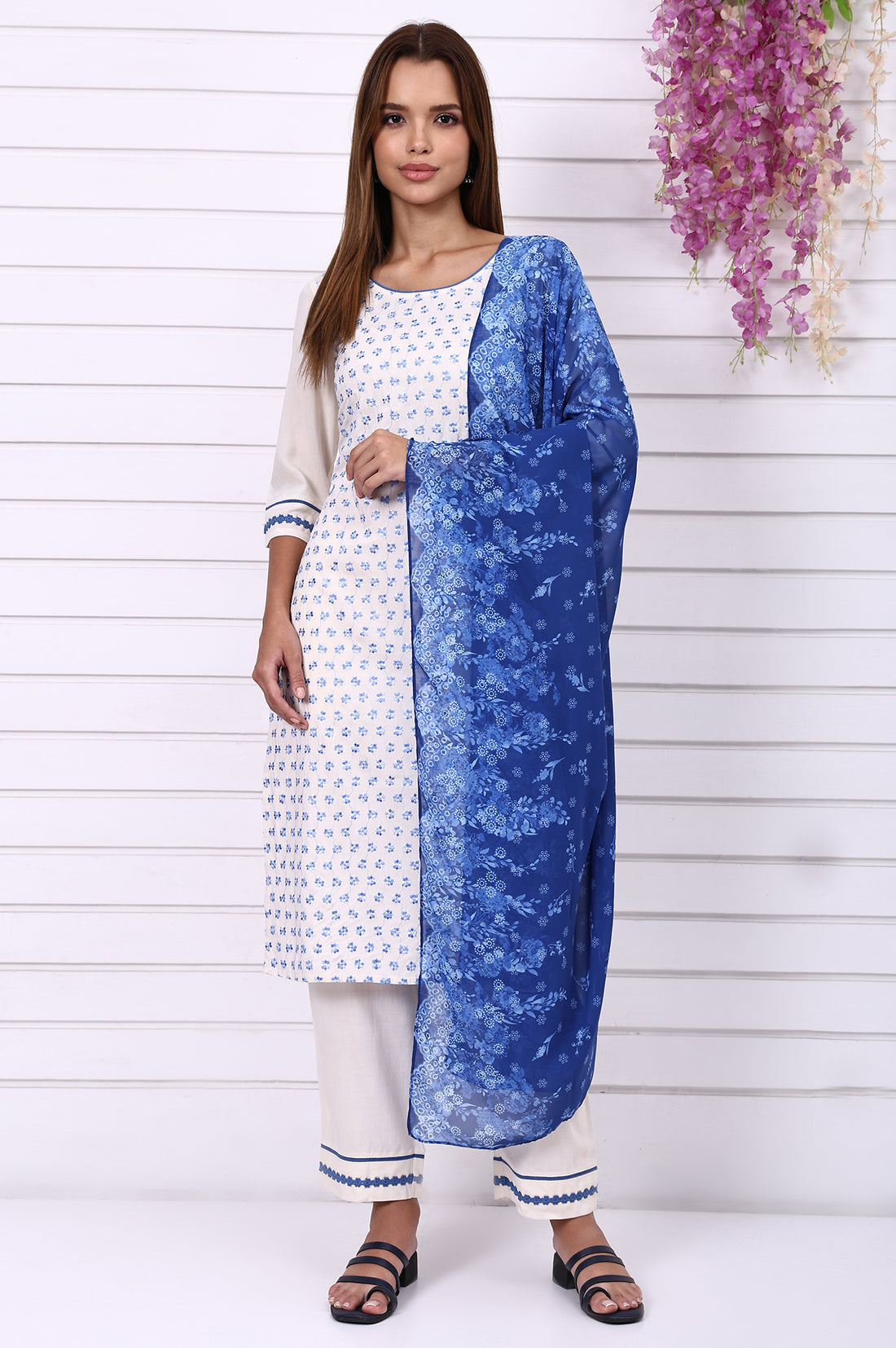 Cream Floral Printed Schiffily Embroidered Liva Straight Kurta, Palazzo and Dupatta Set