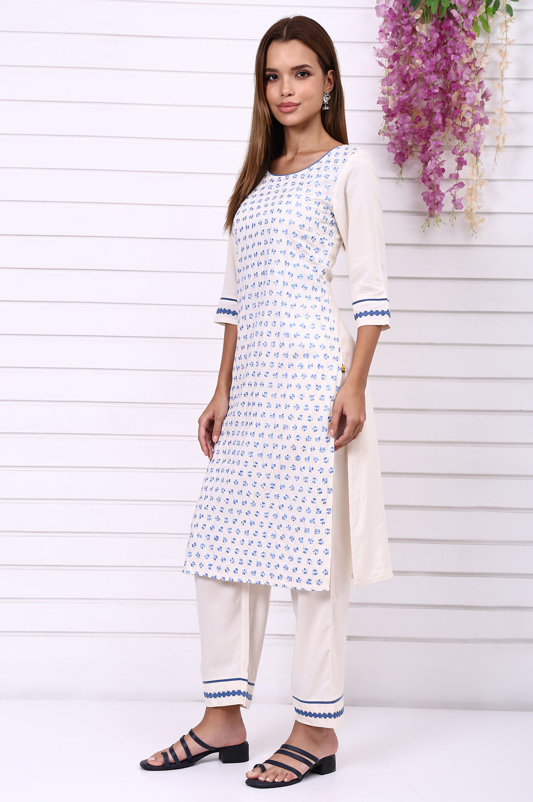 Cream Floral Printed Schiffily Embroidered Liva Straight Kurta, Palazzo and Dupatta Set