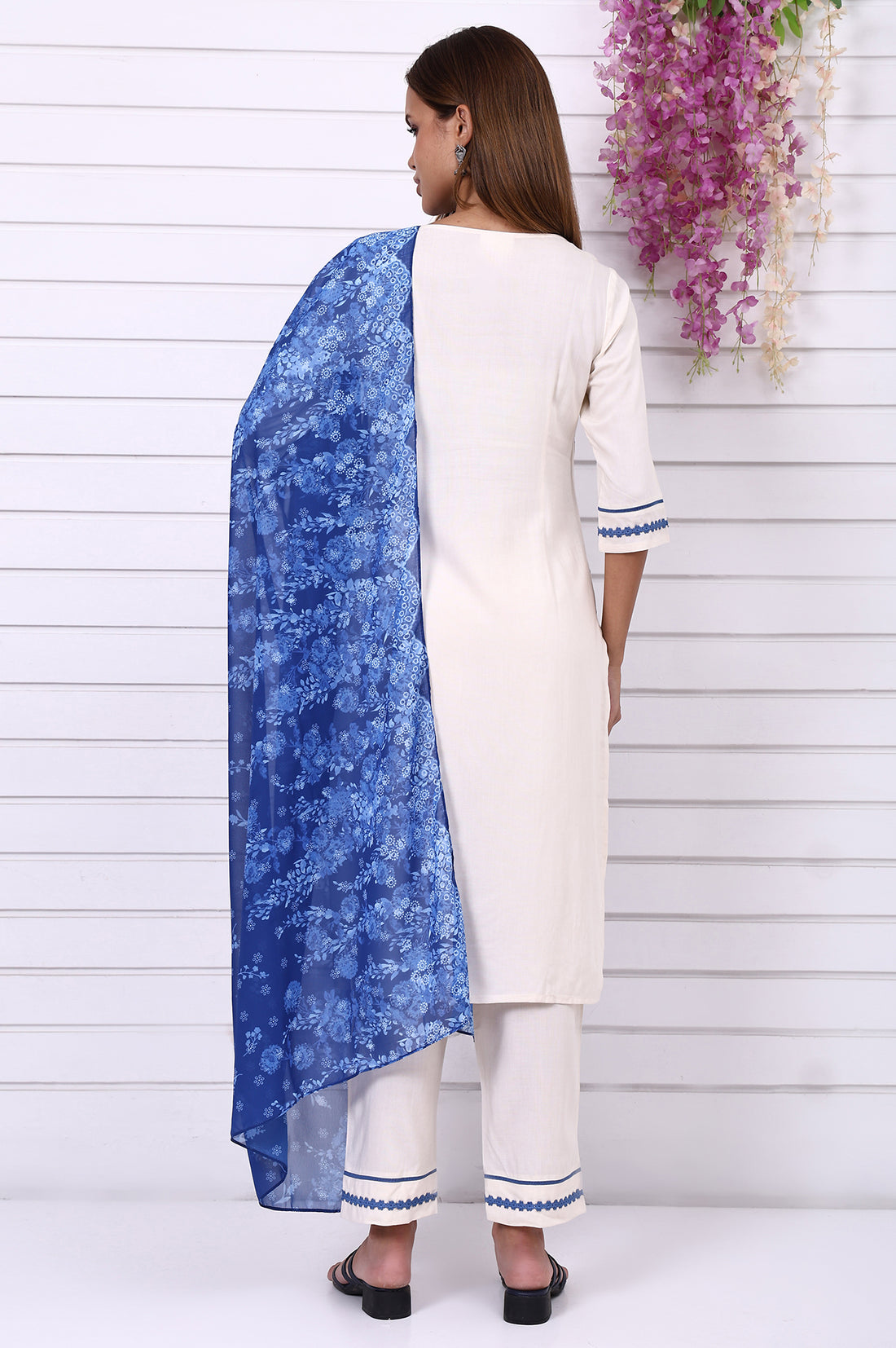 Cream Floral Printed Schiffily Embroidered Liva Straight Kurta, Palazzo and Dupatta Set