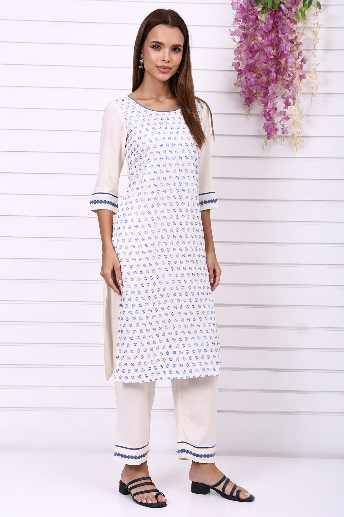 Cream Floral Printed Schiffily Embroidered Liva Straight Kurta, Palazzo and Dupatta Set