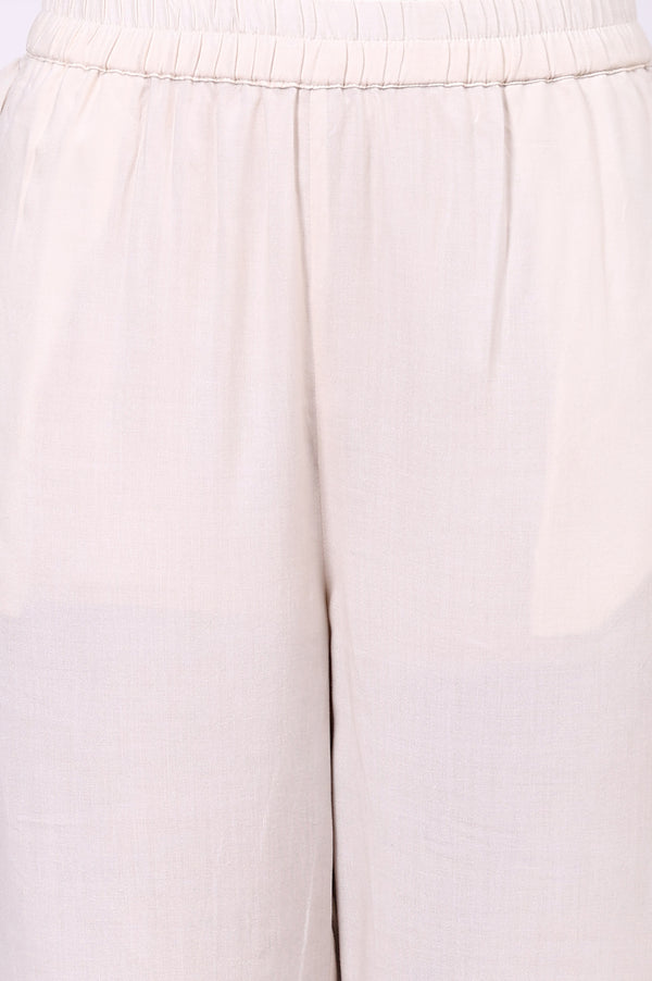 Cream Floral Printed Schiffily Embroidered Liva Straight Kurta, Palazzo and Dupatta Set