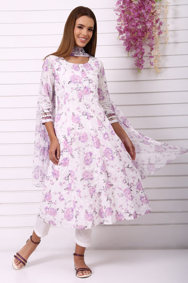 White Floral Printed Schiffily Embroidered Pure Cotton Anarkali Kurta, Trousers and Dupatta Set