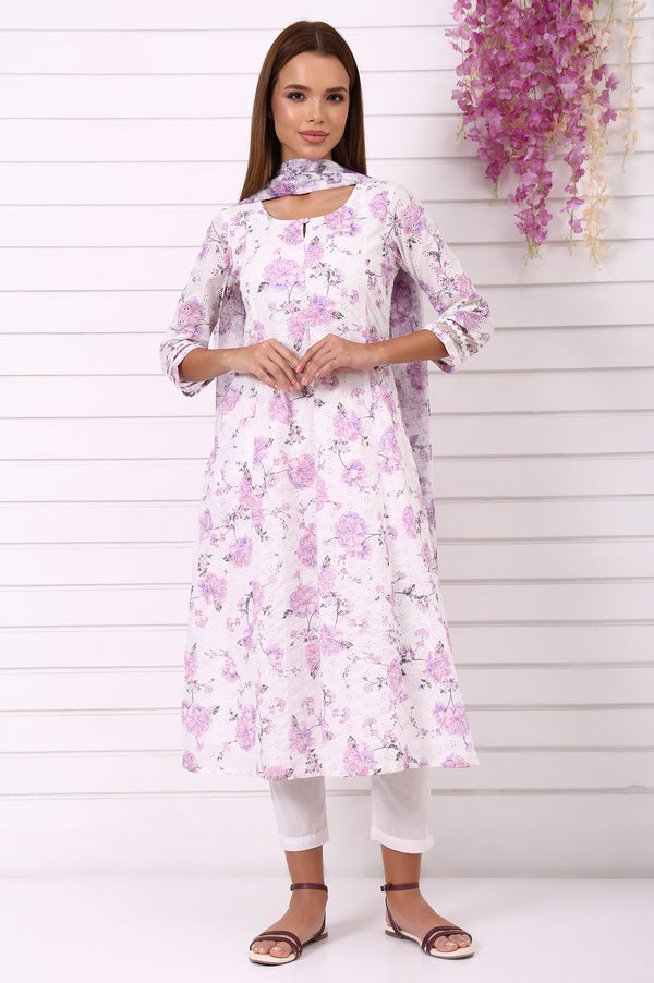 White Floral Printed Schiffily Embroidered Pure Cotton Anarkali Kurta, Trousers and Dupatta Set