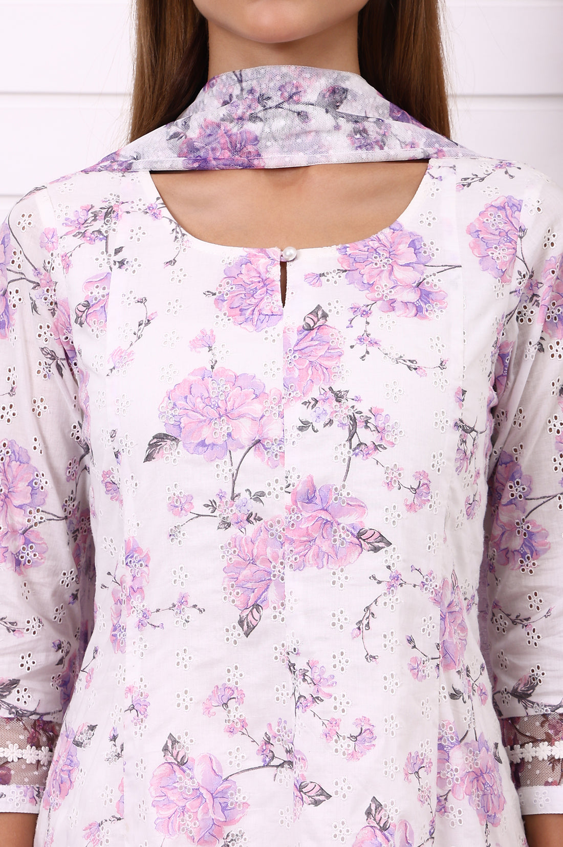 White Floral Printed Schiffily Embroidered Pure Cotton Anarkali Kurta, Trousers and Dupatta Set