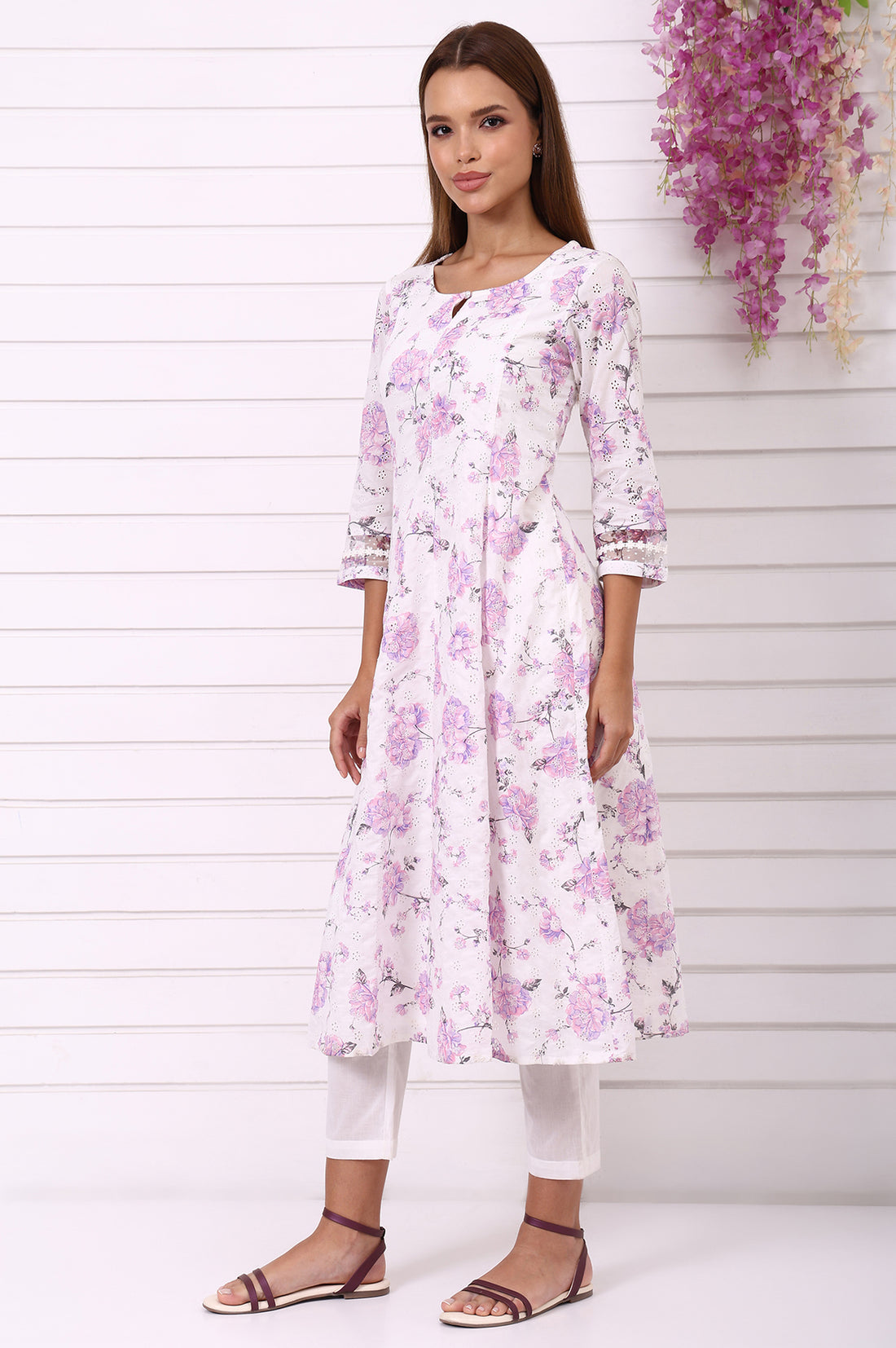 White Floral Printed Schiffily Embroidered Pure Cotton Anarkali Kurta, Trousers and Dupatta Set