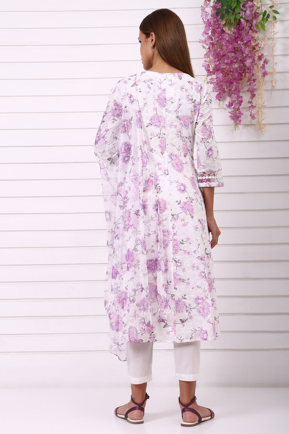 White Floral Printed Schiffily Embroidered Pure Cotton Anarkali Kurta, Trousers and Dupatta Set