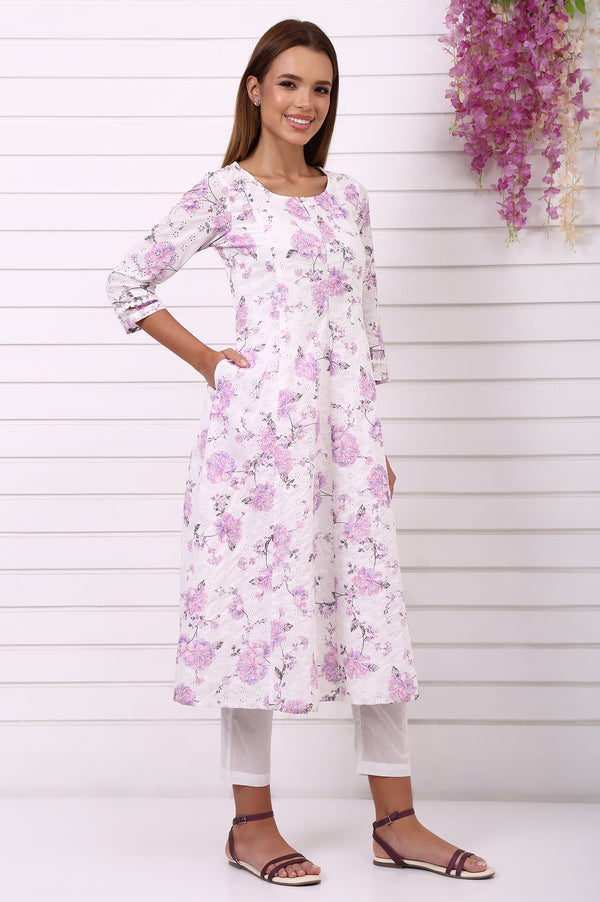 White Floral Printed Schiffily Embroidered Pure Cotton Anarkali Kurta, Trousers and Dupatta Set