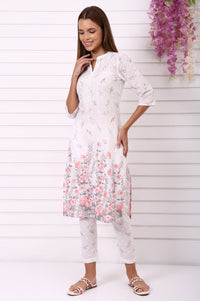 White Floral Printed Schiffily Embroidered Pure Cotton Straight Kurta and Trousers Co-ord Set
