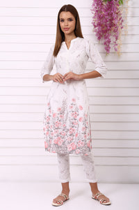 White Floral Printed Schiffily Embroidered Pure Cotton Straight Kurta and Trousers Co-ord Set