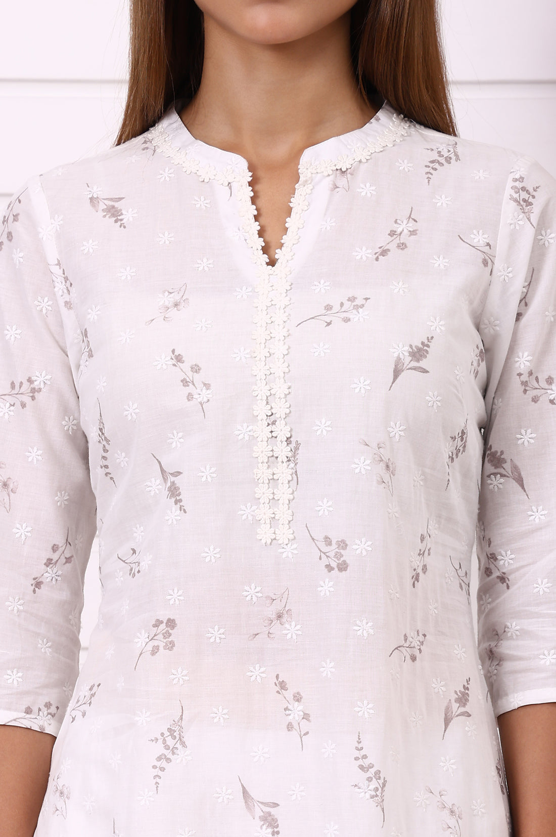 White Floral Printed Schiffily Embroidered Pure Cotton Straight Kurta and Trousers Co-ord Set