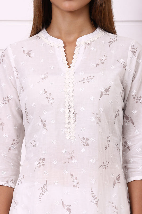 White Floral Printed Schiffily Embroidered Pure Cotton Straight Kurta and Trousers Co-ord Set