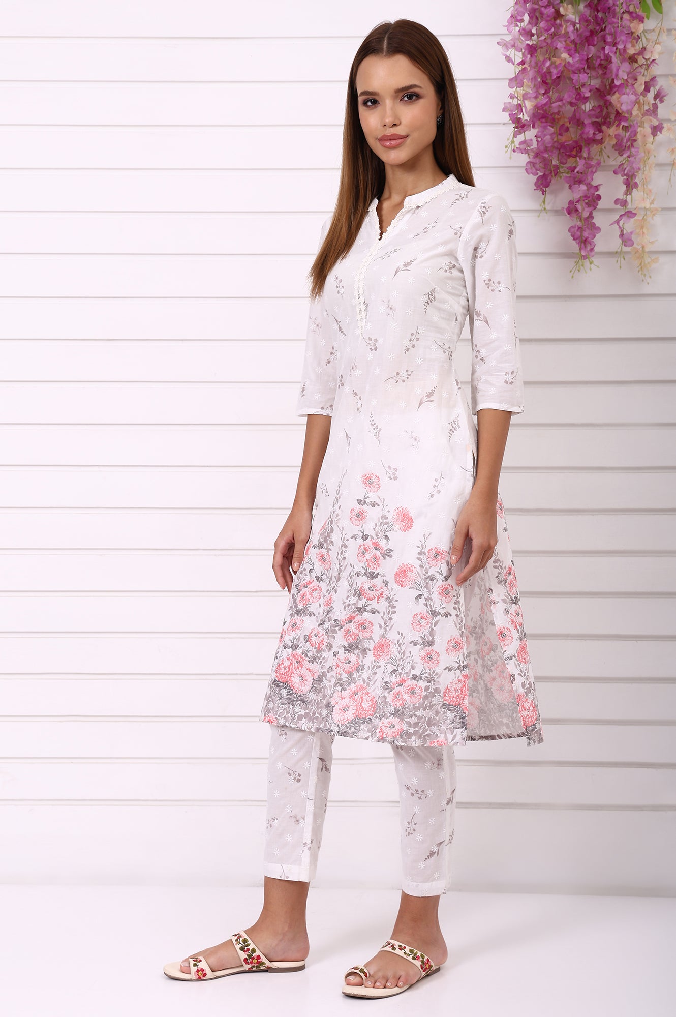 White Floral Printed Schiffily Embroidered Pure Cotton Straight Kurta and Trousers Co-ord Set