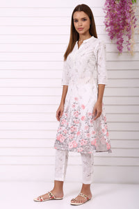 White Floral Printed Schiffily Embroidered Pure Cotton Straight Kurta and Trousers Co-ord Set
