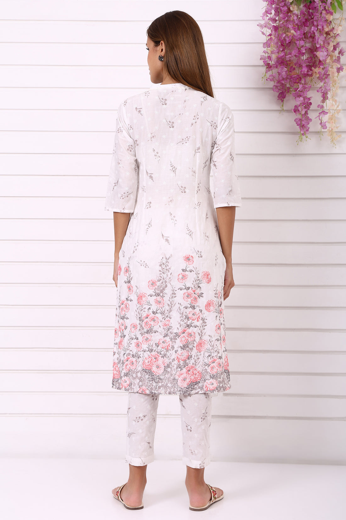 White Floral Printed Schiffily Embroidered Pure Cotton Straight Kurta and Trousers Co-ord Set
