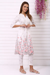 White Floral Printed Schiffily Embroidered Pure Cotton Straight Kurta and Trousers Co-ord Set