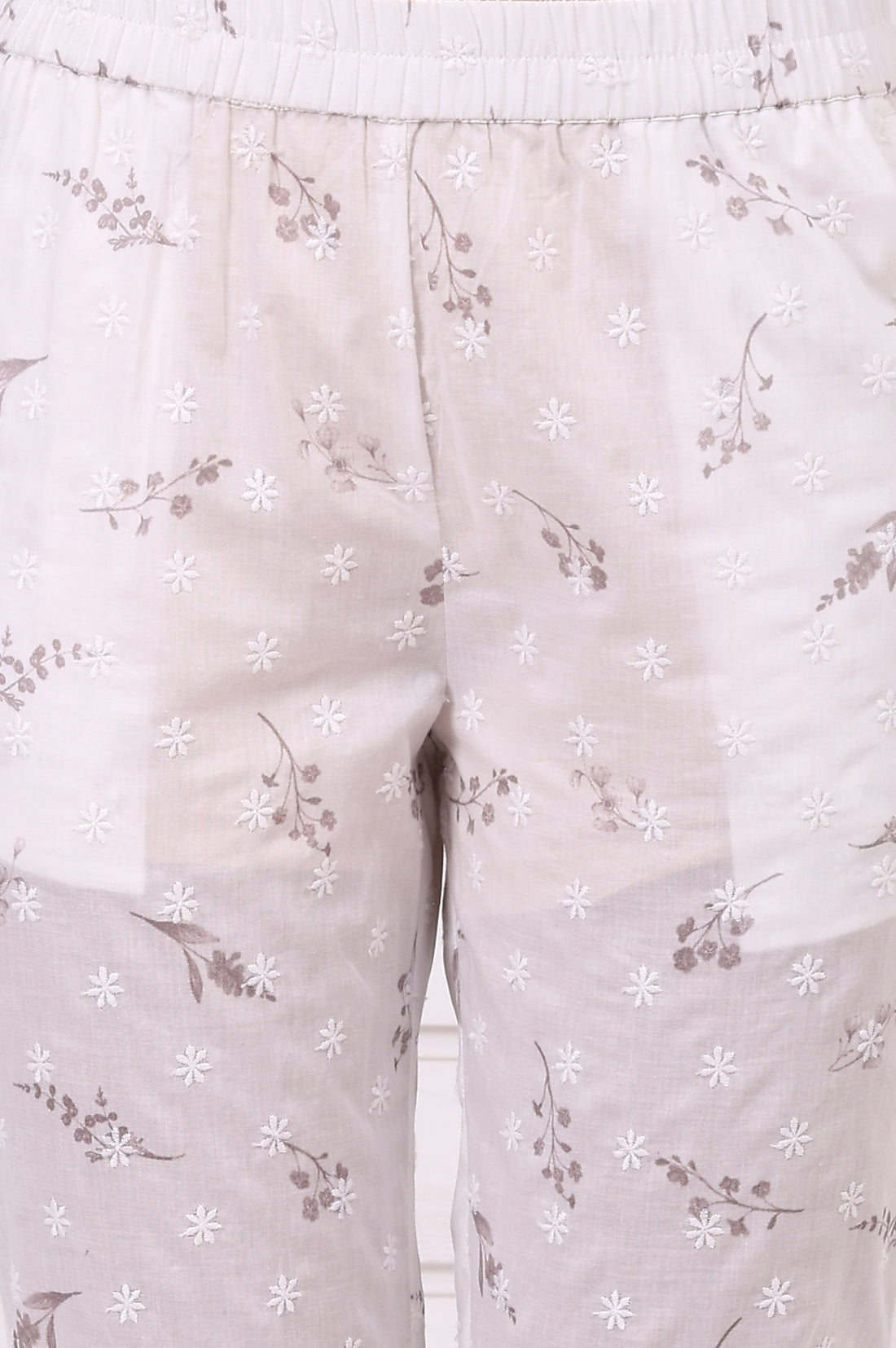 White Floral Printed Schiffily Embroidered Pure Cotton Straight Kurta and Trousers Co-ord Set