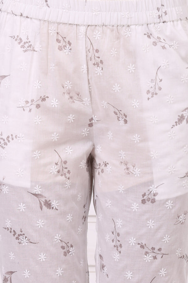 White Floral Printed Schiffily Embroidered Pure Cotton Straight Kurta and Trousers Co-ord Set