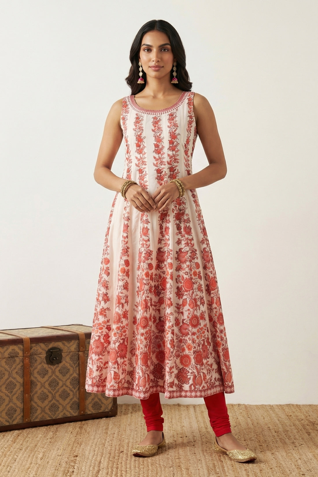 Off White Floral Printed Pure Cotton Sleeveless Anarkali Kurta