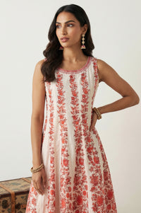 Off White Floral Printed Pure Cotton Sleeveless Anarkali Kurta
