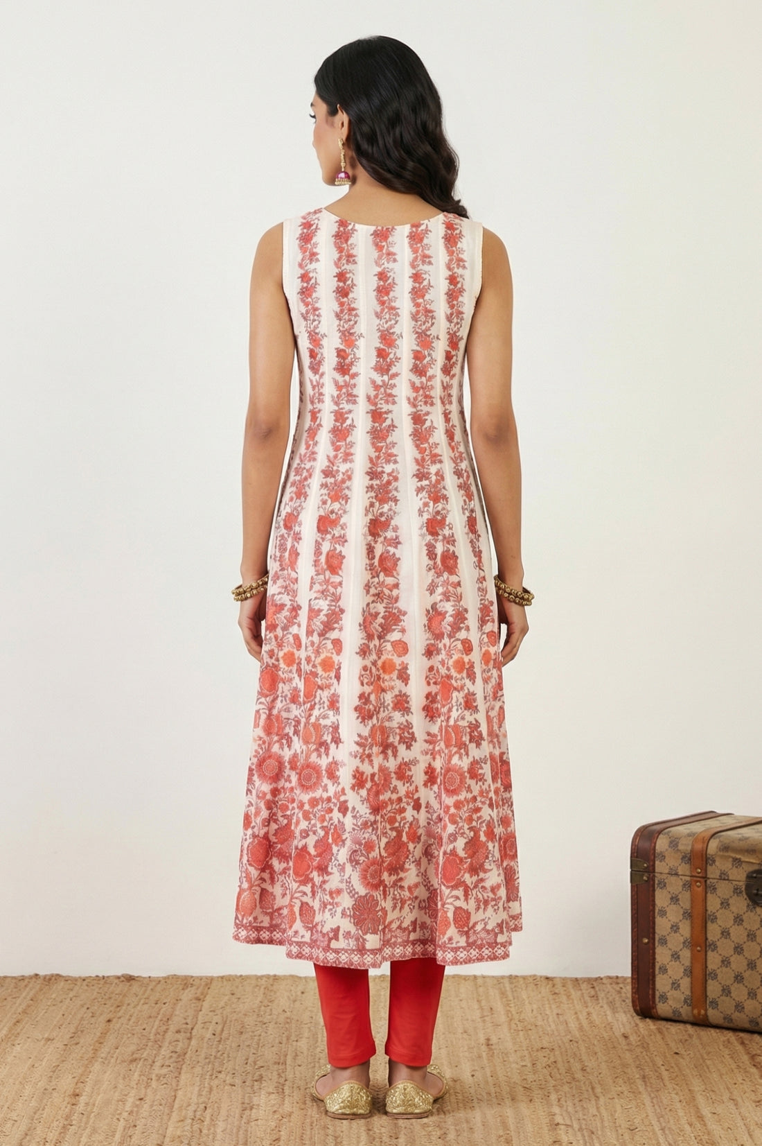 Off White Floral Printed Pure Cotton Sleeveless Anarkali Kurta