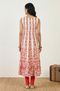 Off White Floral Printed Pure Cotton Sleeveless Anarkali Kurta